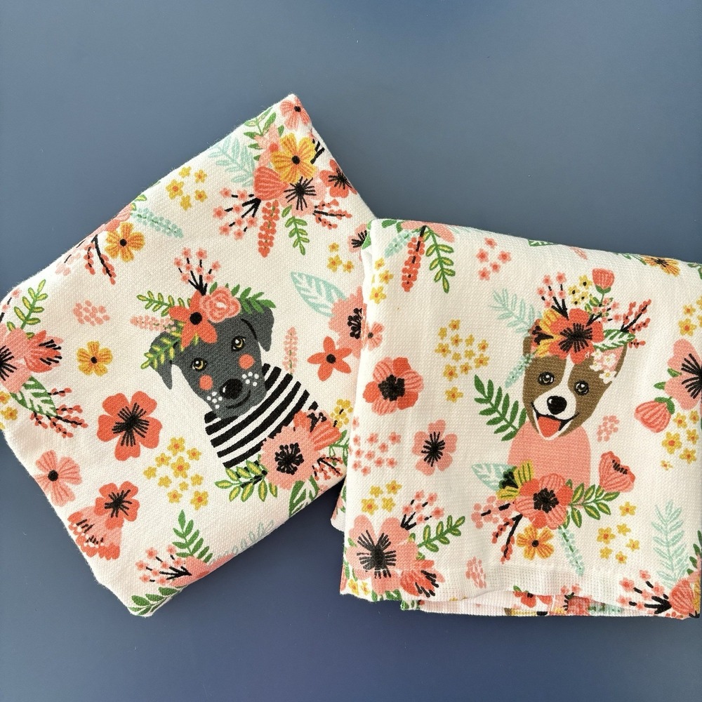 Mia Charro Kitchen Bar Towels (2) Dog Mom Pink Floral Spring Cotton New w/o tags